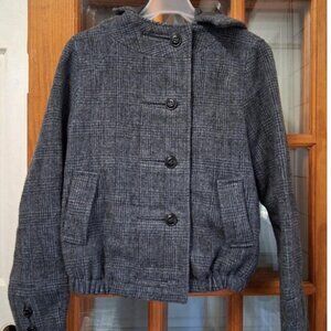 E IN Gray/Black Plaid Womens Hooded Button-Up Jacket Size 36 With Elastic Hem